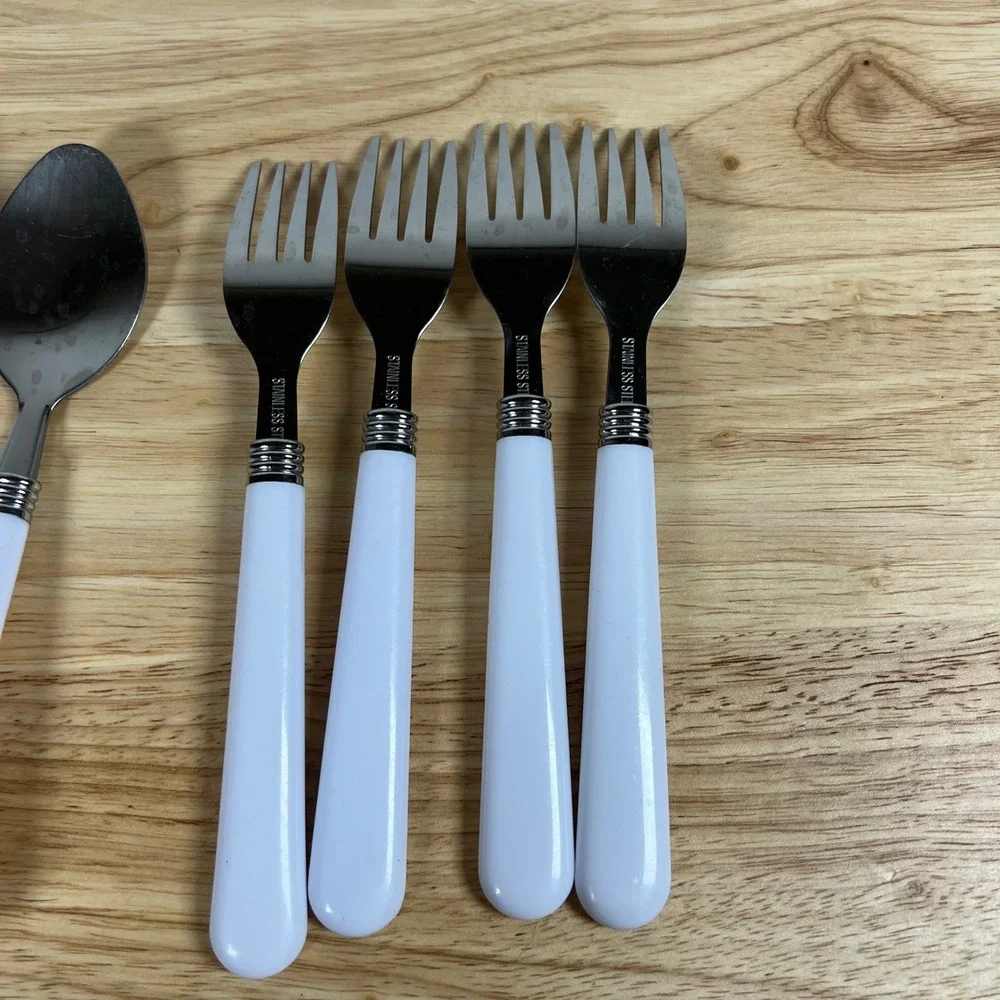 12pc Stainless Steel Flatware Set White Plastic Handles Service for 4 MCM Style